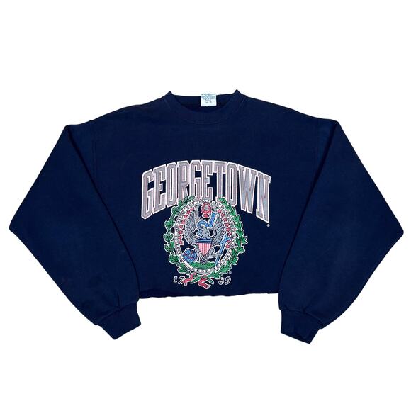 Vintage 90s Georgetown Hoyas Crest Cropped Sweatshirt Large Made in USA - Picture 1 of 11